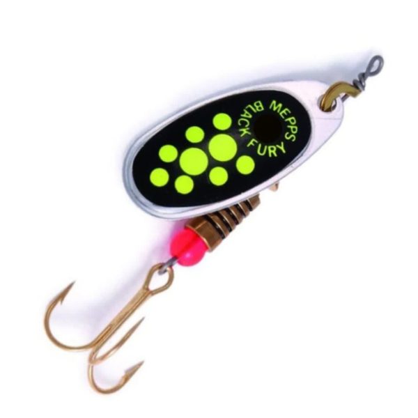 لانسه مپس بلک‌فیوری حاشیه نقره‌ای خال سبز فسفری سایز 2 Mepps Black Fury