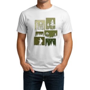 تیشرت نخی سفید و مشکی طرح ماهیگیری و جنگل