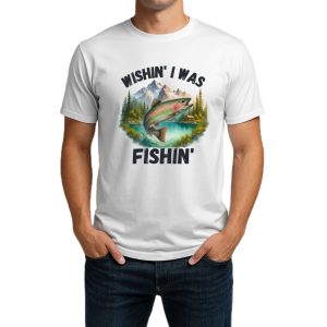 تیشرت نخی سفید طرح Wishin I was Fishin - ماهی قزل آلا