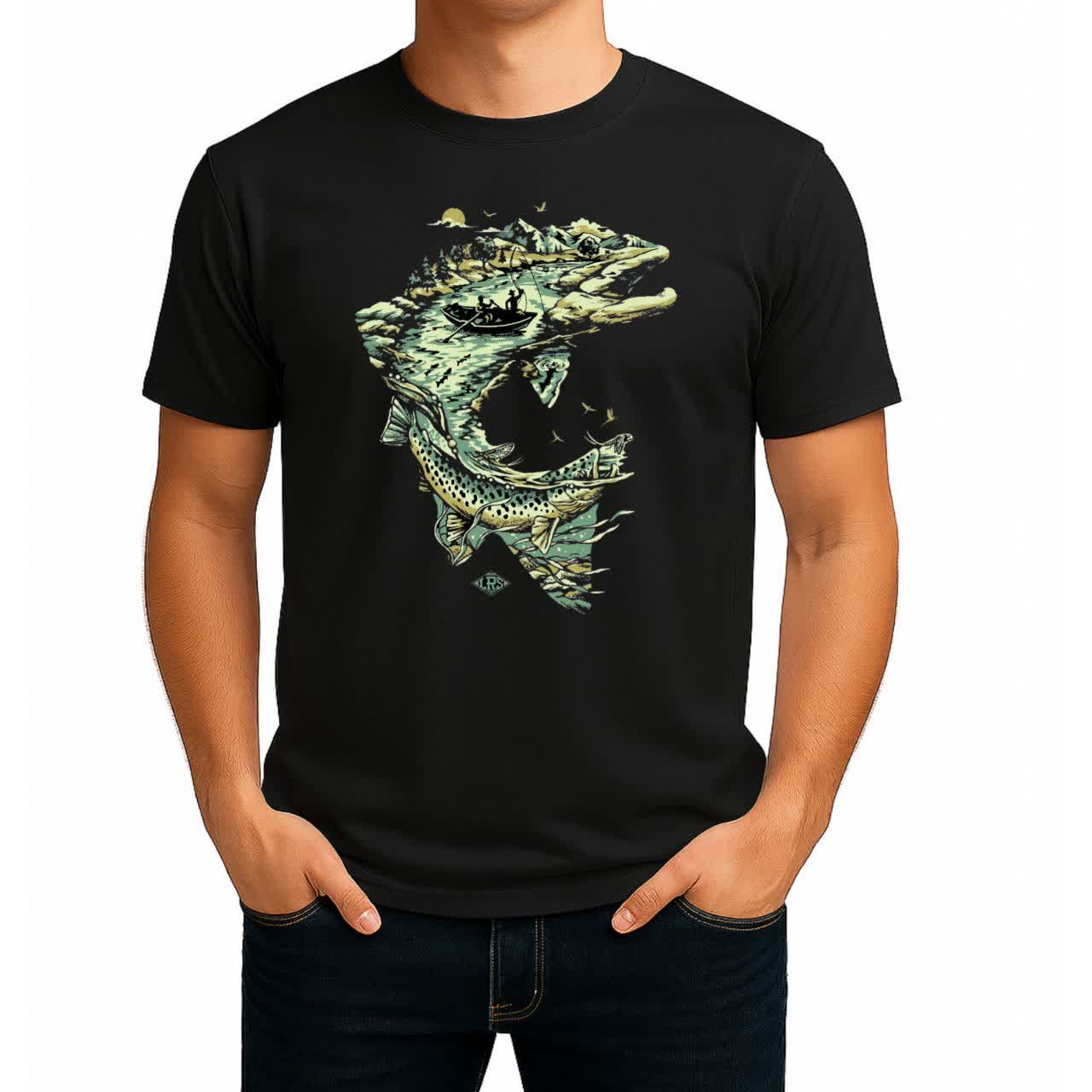 تیشرت نخی مشکی طرح Trout & The River