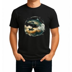 تیشرت نخی سفید و مشکی طرح Trout & Sunrise