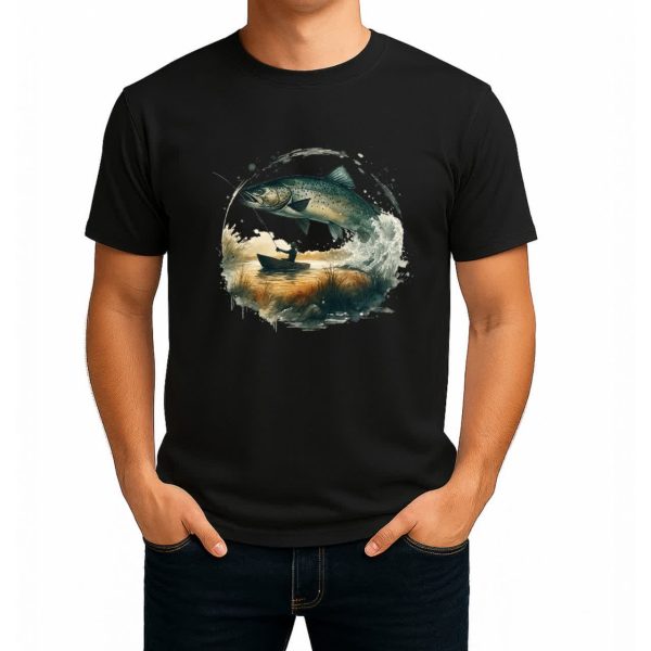 تیشرت نخی سفید و مشکی طرح Trout & Sunrise