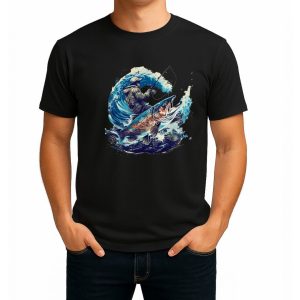 تیشرت نخی سفید و مشکی طرح Seeking for Monster Trout