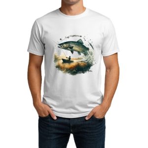 تیشرت نخی سفید و مشکی طرح Trout & Sunrise