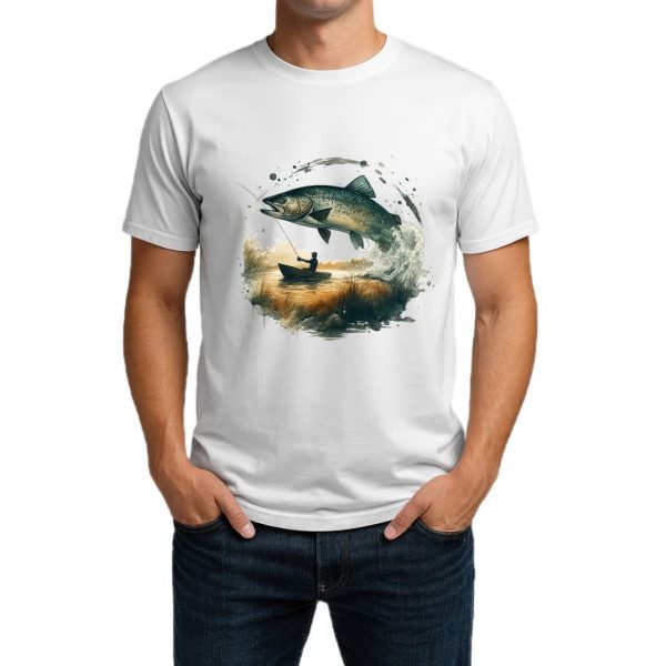 تیشرت نخی سفید و مشکی طرح Trout & Sunrise