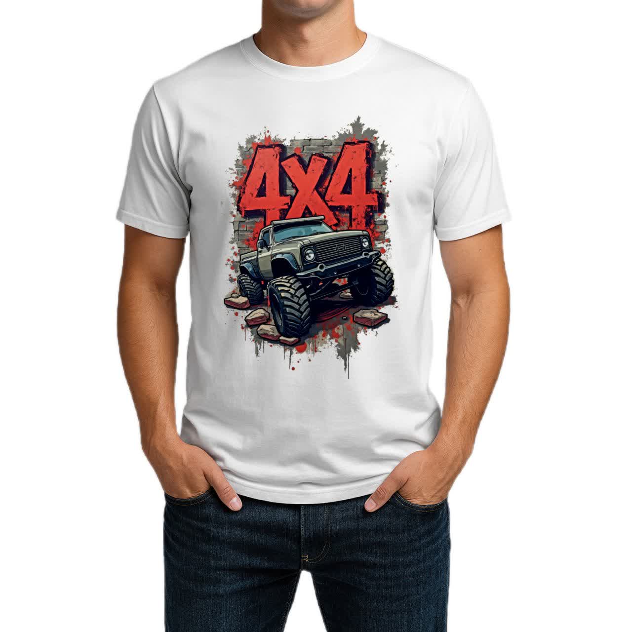 تیشرت نخی سفید و مشکی آفرود طرح 4X4