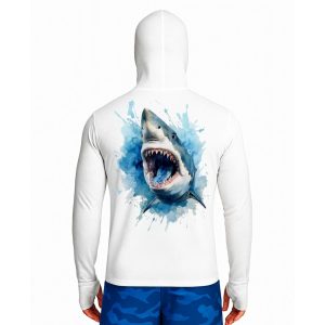 تیشرت ماهیگیری آستین بلند با کلاه و اسکارف سرخود مدل white shark