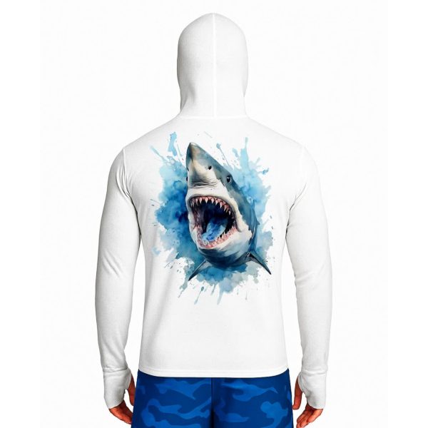 تیشرت ماهیگیری آستین بلند با کلاه و اسکارف سرخود مدل white shark